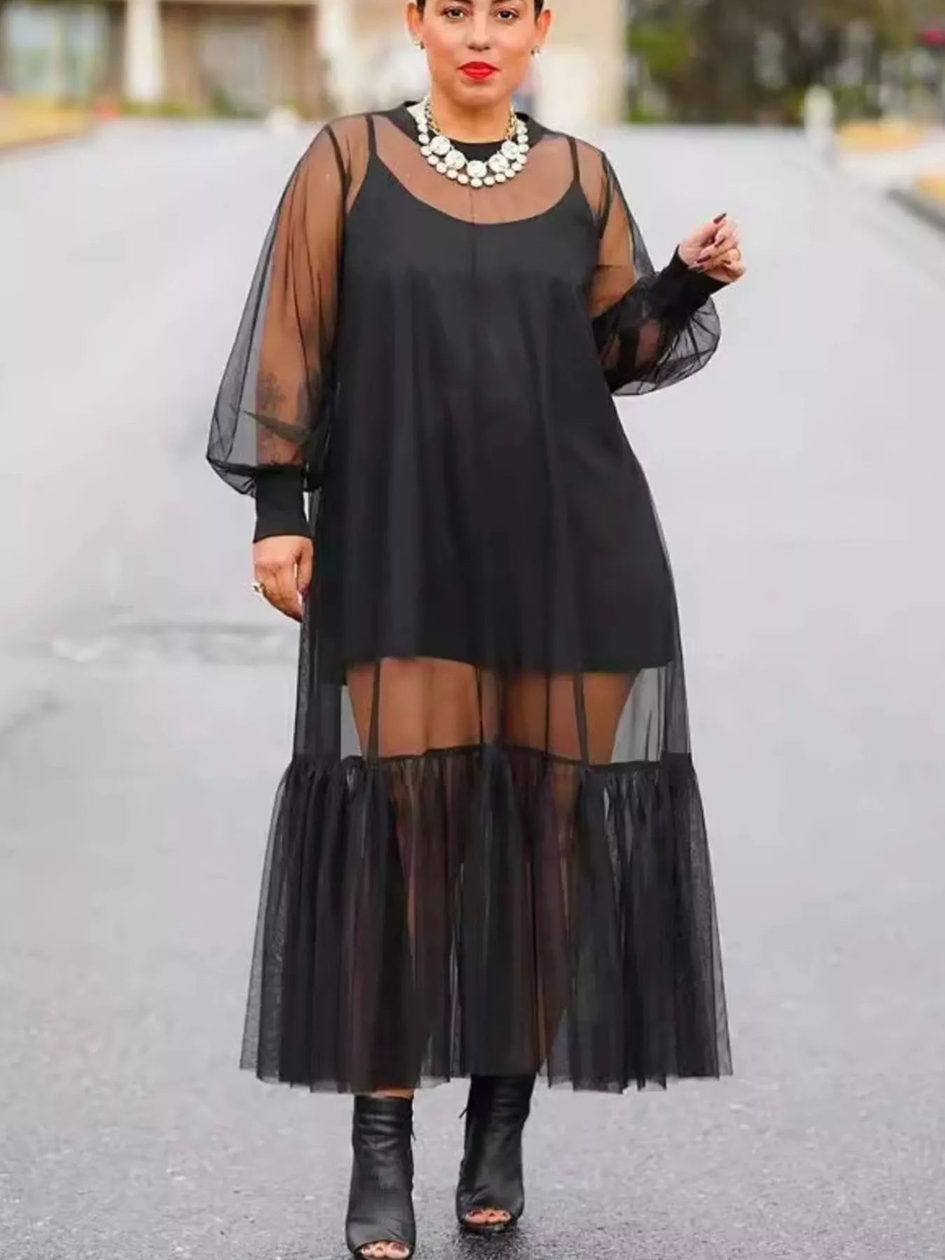 Scoop neck cami dress and sheer mesh dress set by Trendsi, featuring sleeveless design and lightweight fabrics for stylish summer wear.