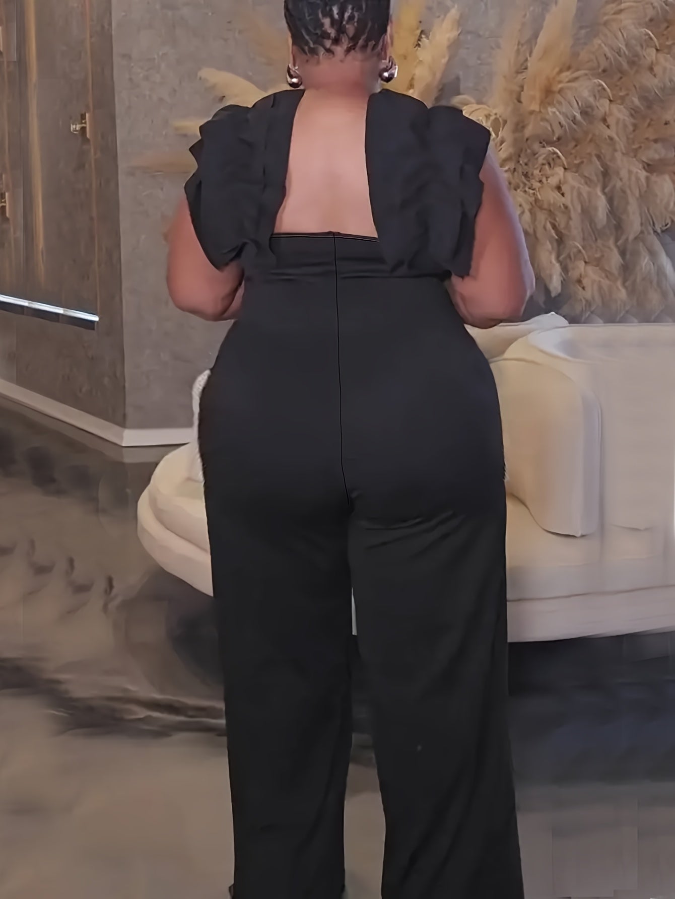 Black Ruffle Collar Wide-Leg Jumpsuit – Elegant High-Waist One-Piece Outfit
