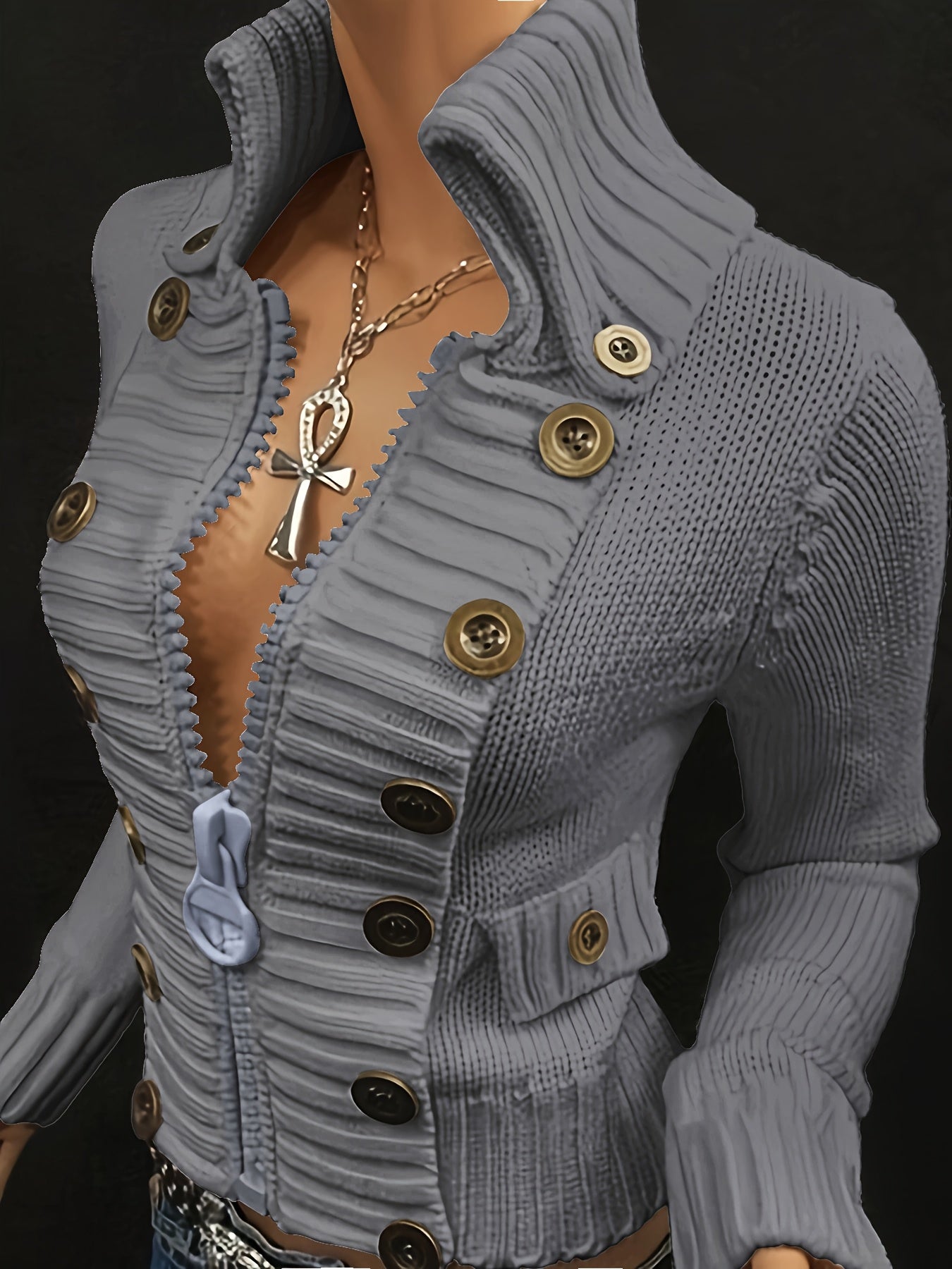 Slim Fit Cropped Cardigan with Statement Zipper & Decorative Buttons