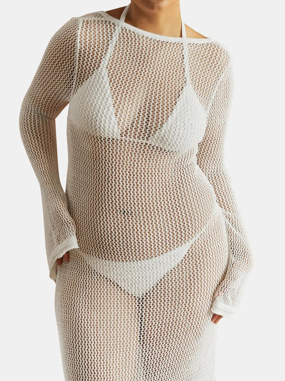 Backless flare sleeve cover-up dress by Trendsi, stylish swimwear with flowing sleeves and open back, perfect for beach or poolside.