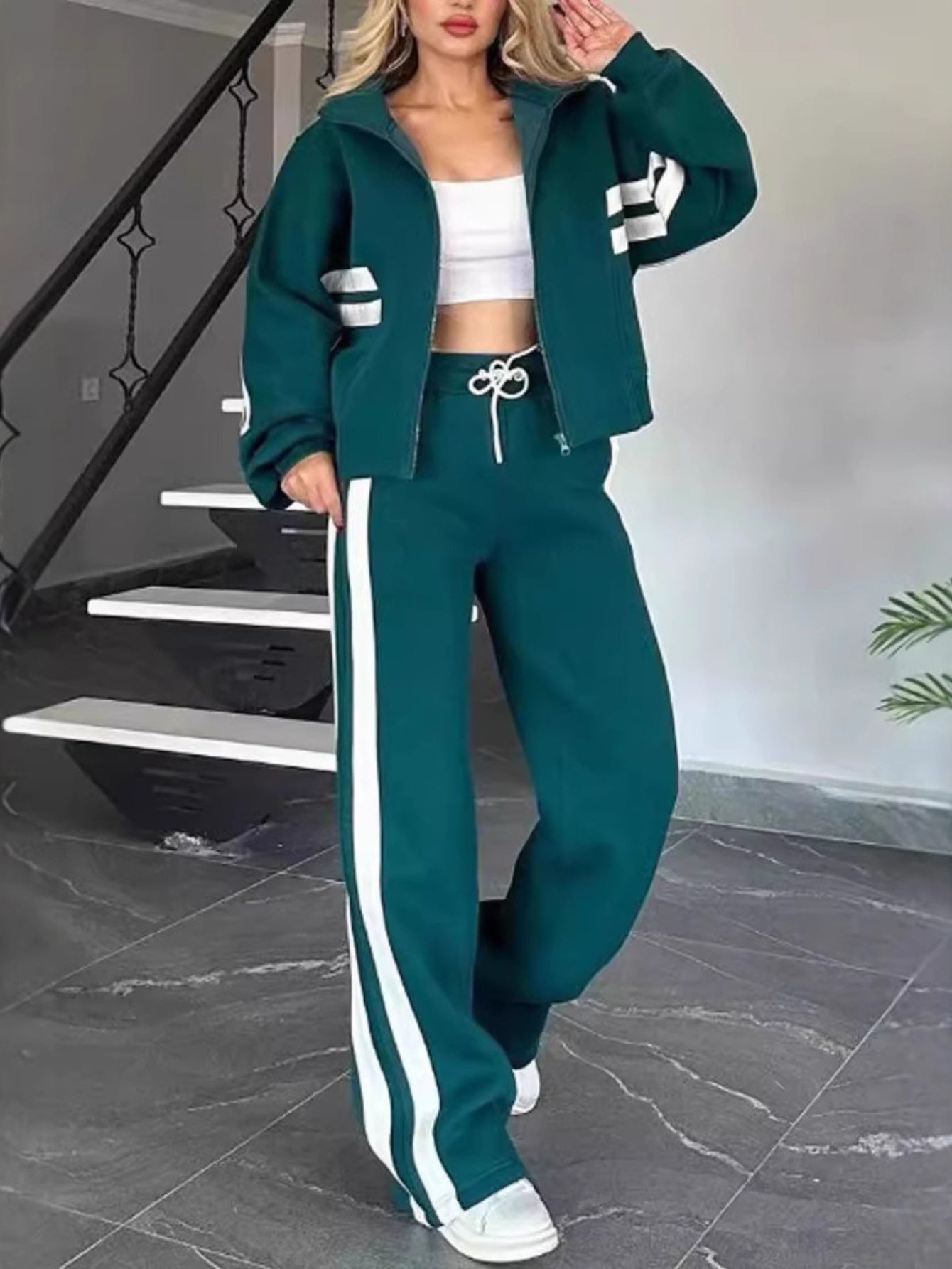 Striped Zipper Jacket and Pants Set