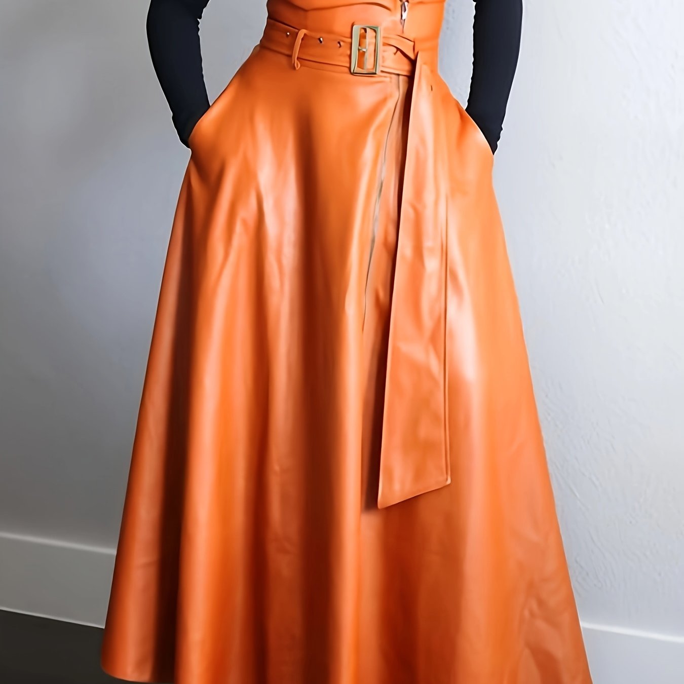 Vibrant High-Waisted Belted Faux Leather Skirt with Side Zipper Pockets