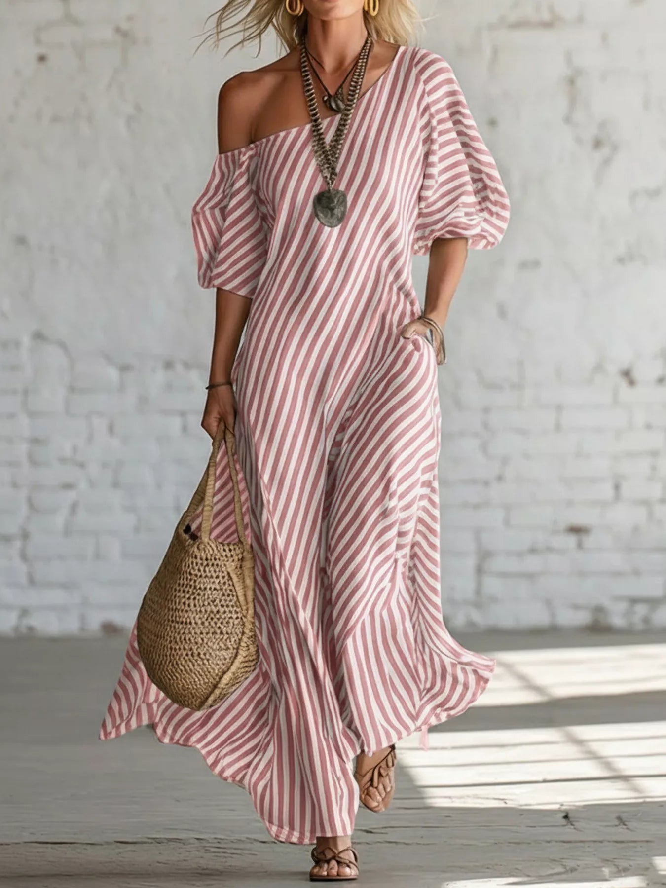 Striped one-shoulder maxi dress by Trendsi featuring a flowing design and bold vertical stripes, perfect for summer or casual occasions.