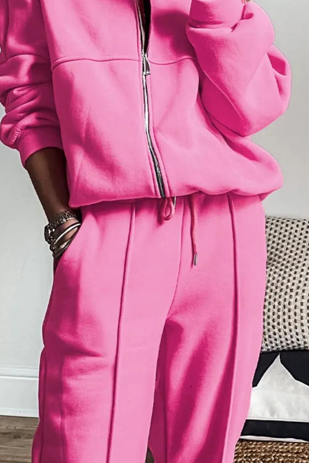 Trendsi zip-up long sleeve top and pants set, casual loungewear with a comfortable fit, shown in a coordinated outfit.