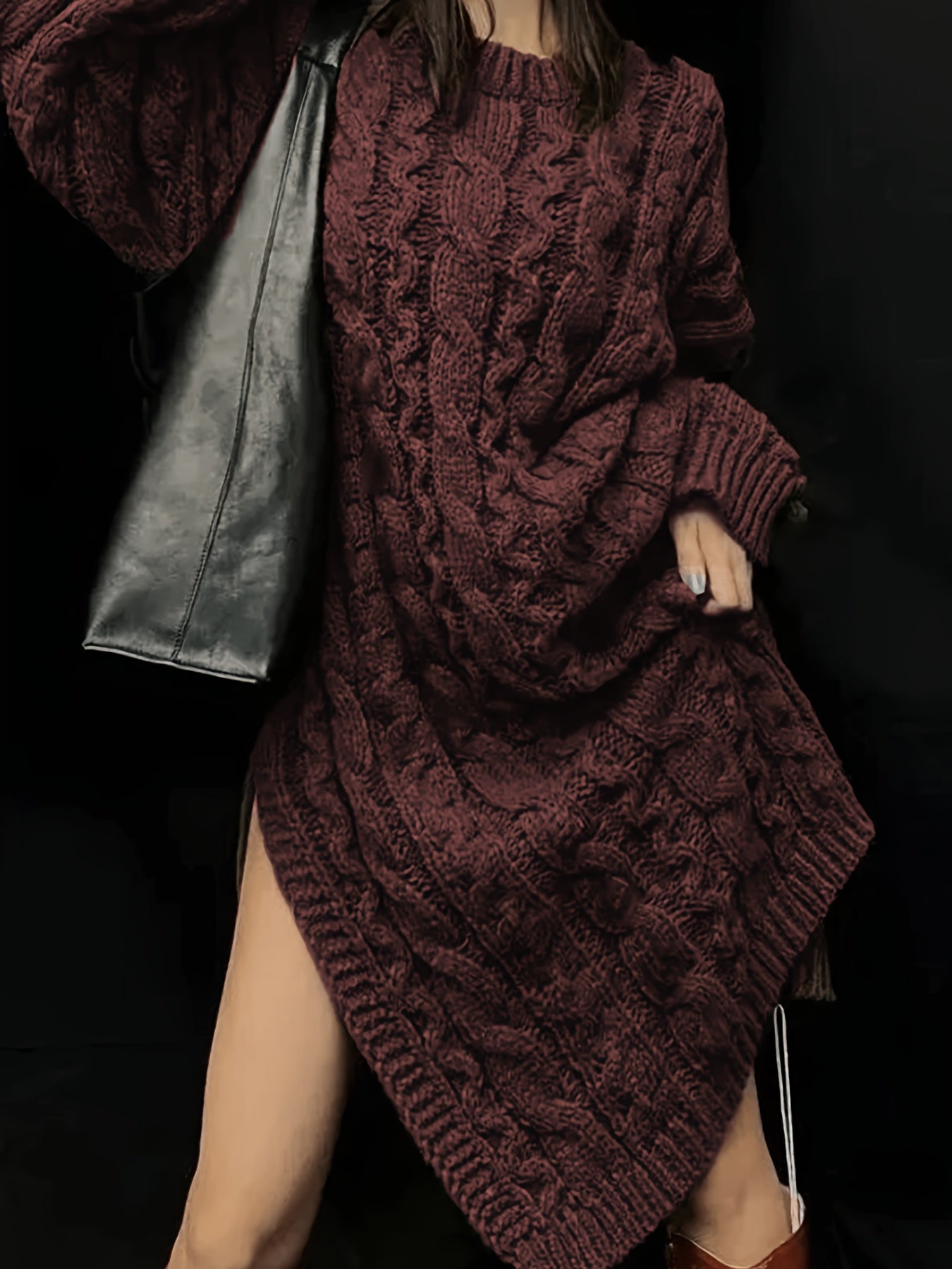 Crimson Turtleneck Cable-Knit Sweater Dress with Side Slit – Cozy Elegant Midi Dress