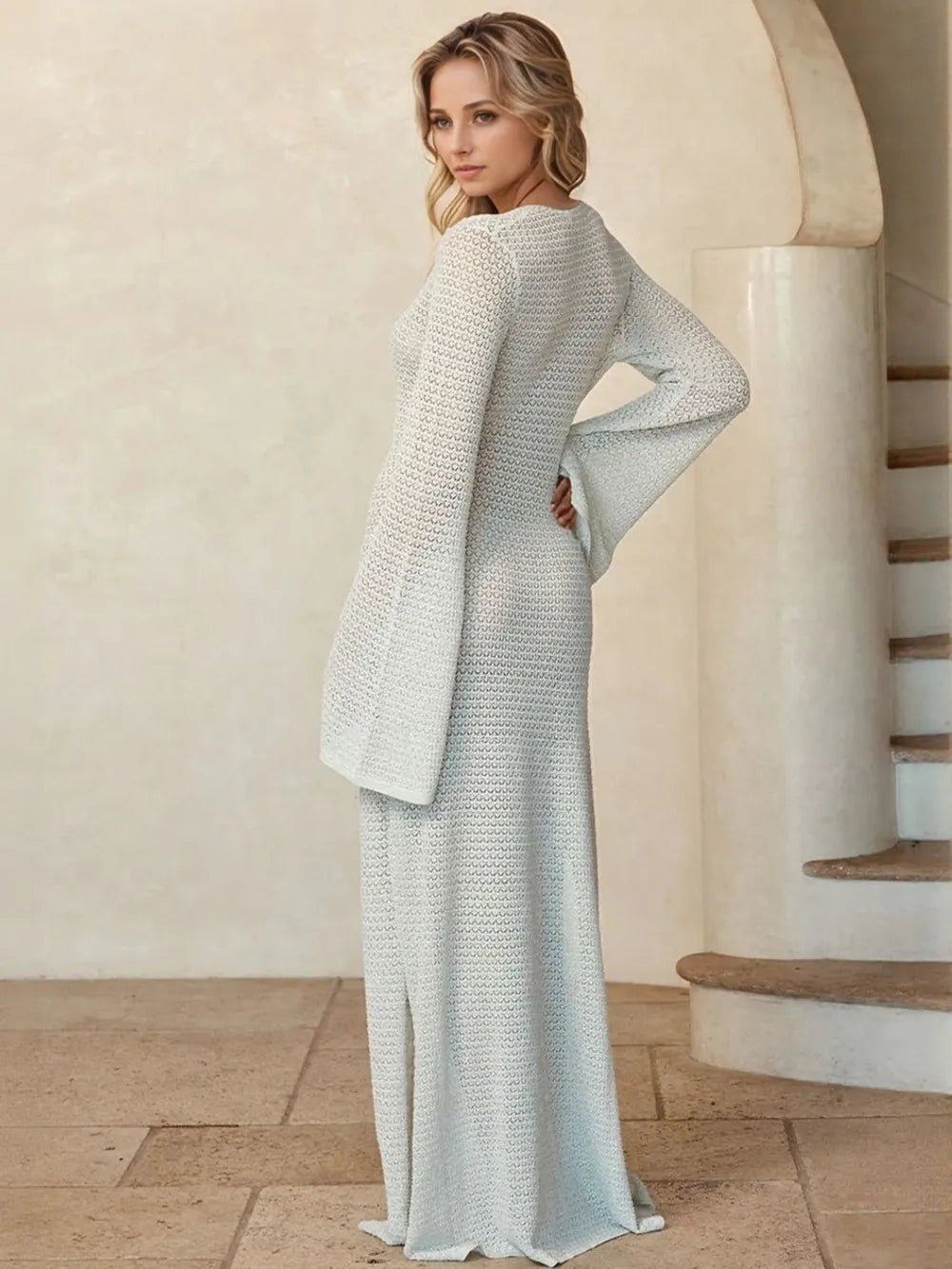 Slit plunge flare sleeve cover-up dress by Trendsi, featuring a flowing swimwear cover-up with dramatic sleeve flare and side slit design.