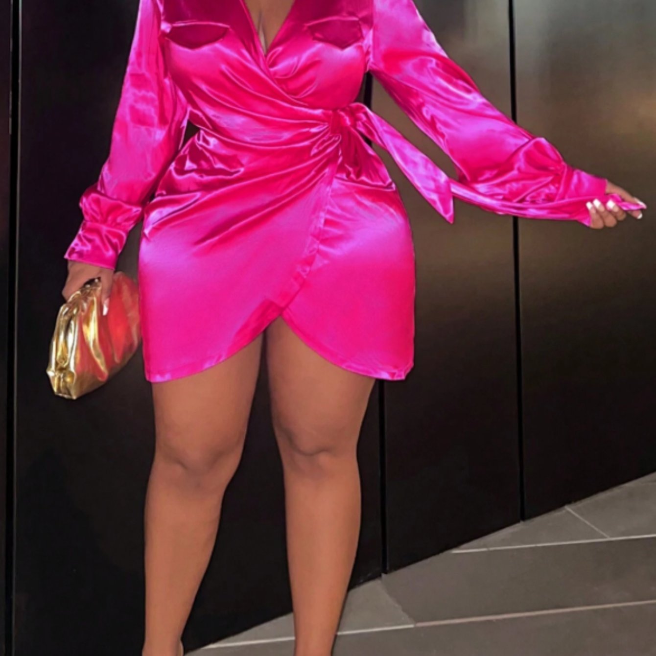 Bright Pink Satin-Collar Wrap Mini Dress