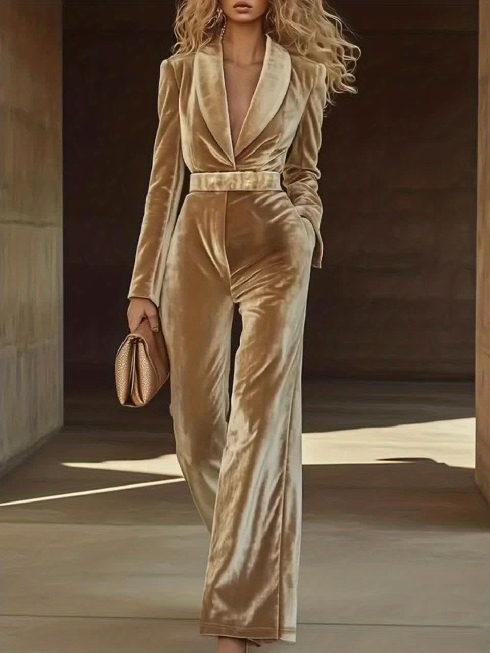 Khaki Velvet Suit Collar with a Belt Wide-leg Jumpsuit