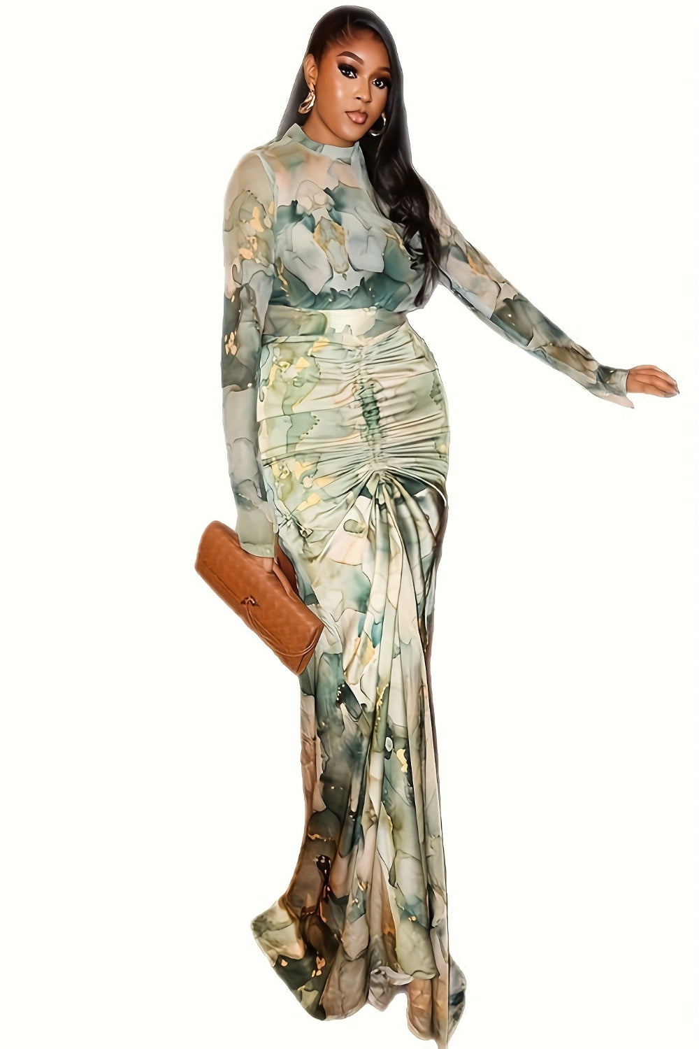 Mockneck Green Gradient Print Waist-Pleated Maxi Dress