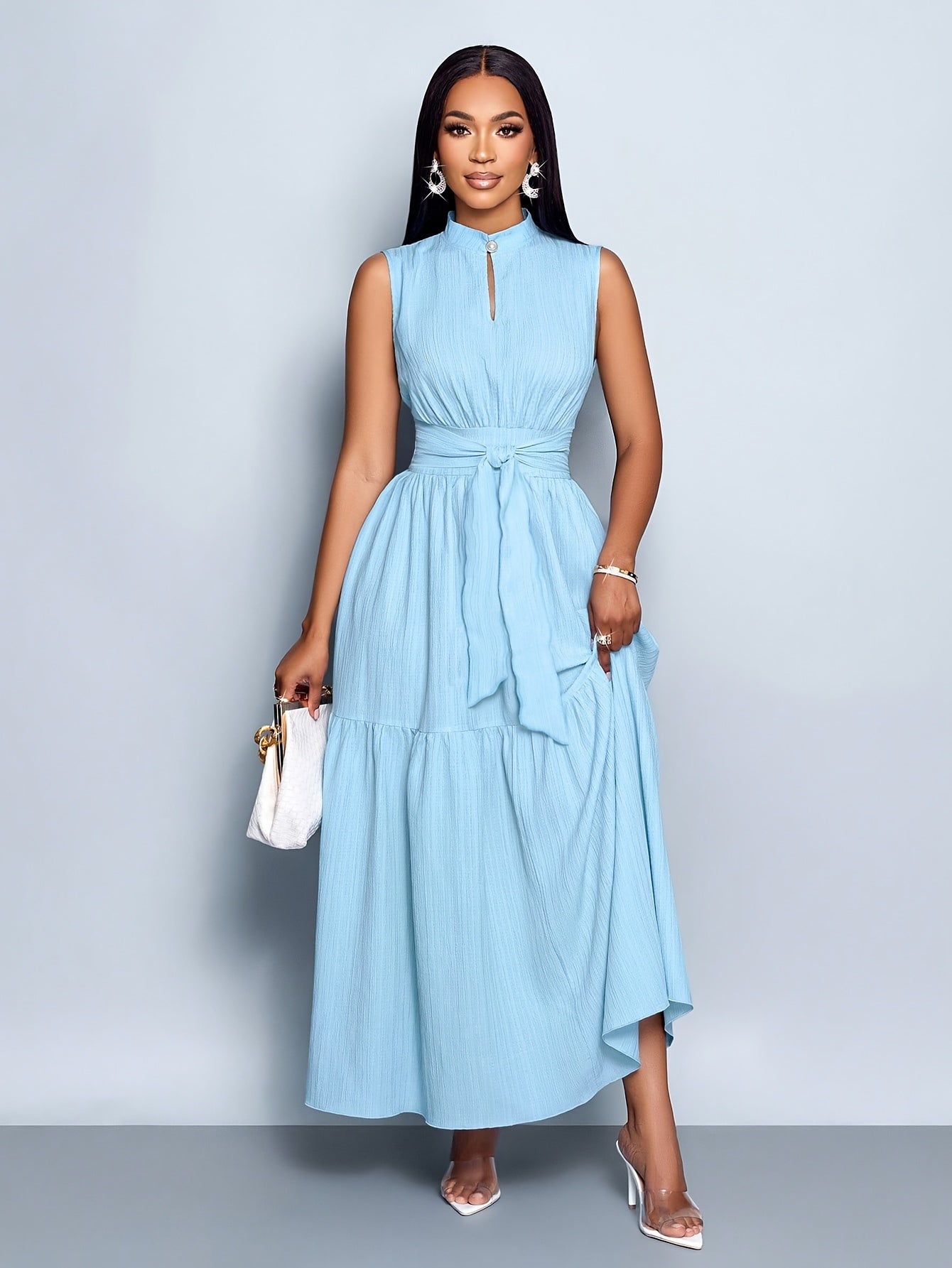 Textured Belted Summer Dress – Ruffled Hem & Lightweight Sleeveless Fit