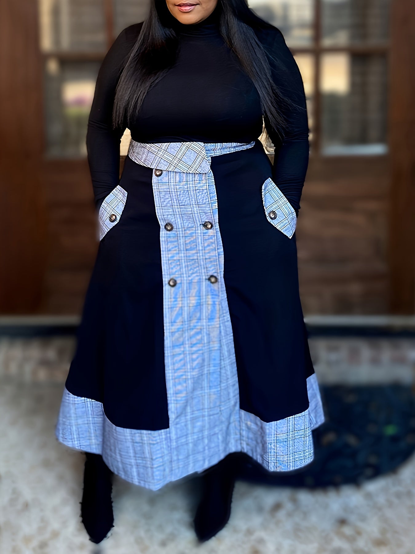 Mock Neck Long Sleeve Top & Plaid Skirt Set – Chic Two-Piece Outfit