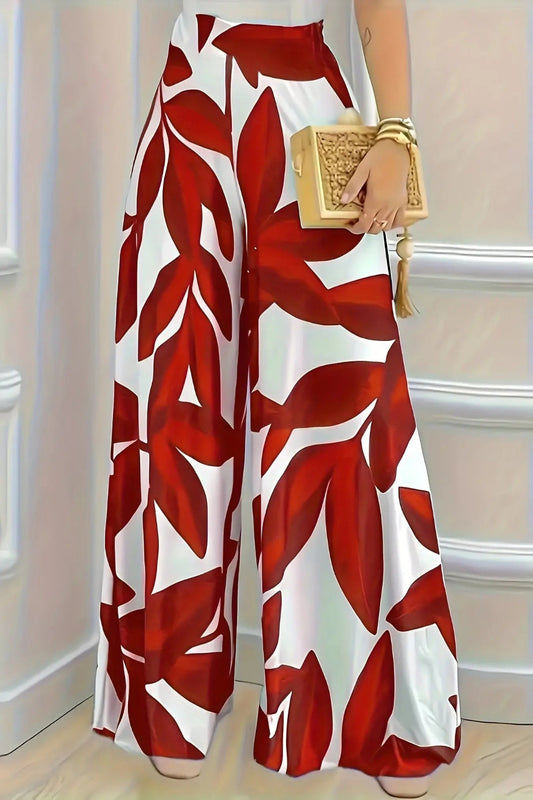 Wide Leg Red Leaf Print Pants Toshe Women's Fashions