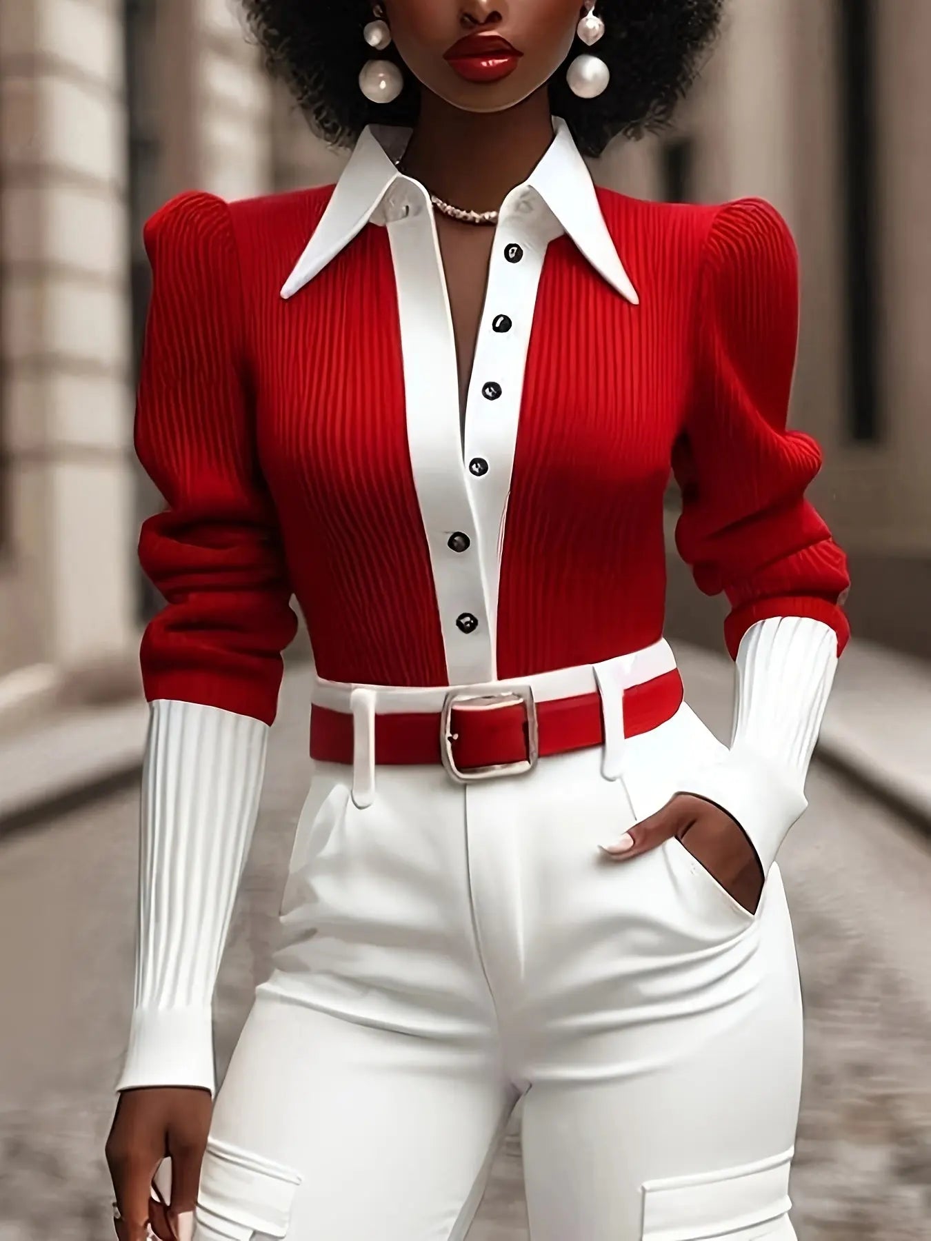Red And White Color-Blocked Collared Knitted Shirt Toshe Women's Fashions