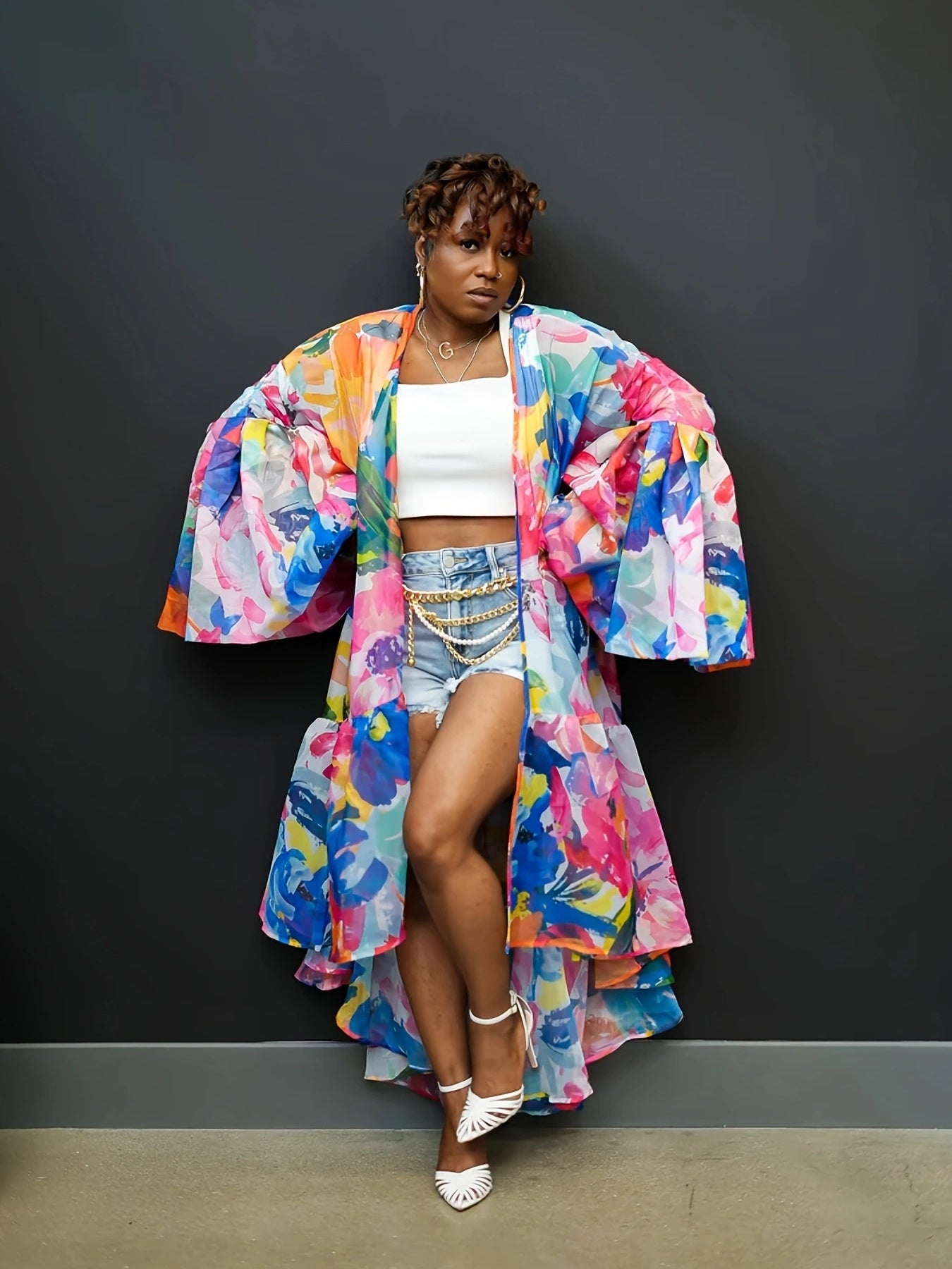 Chic Abstract Print Batwing Sleeve Cardigan