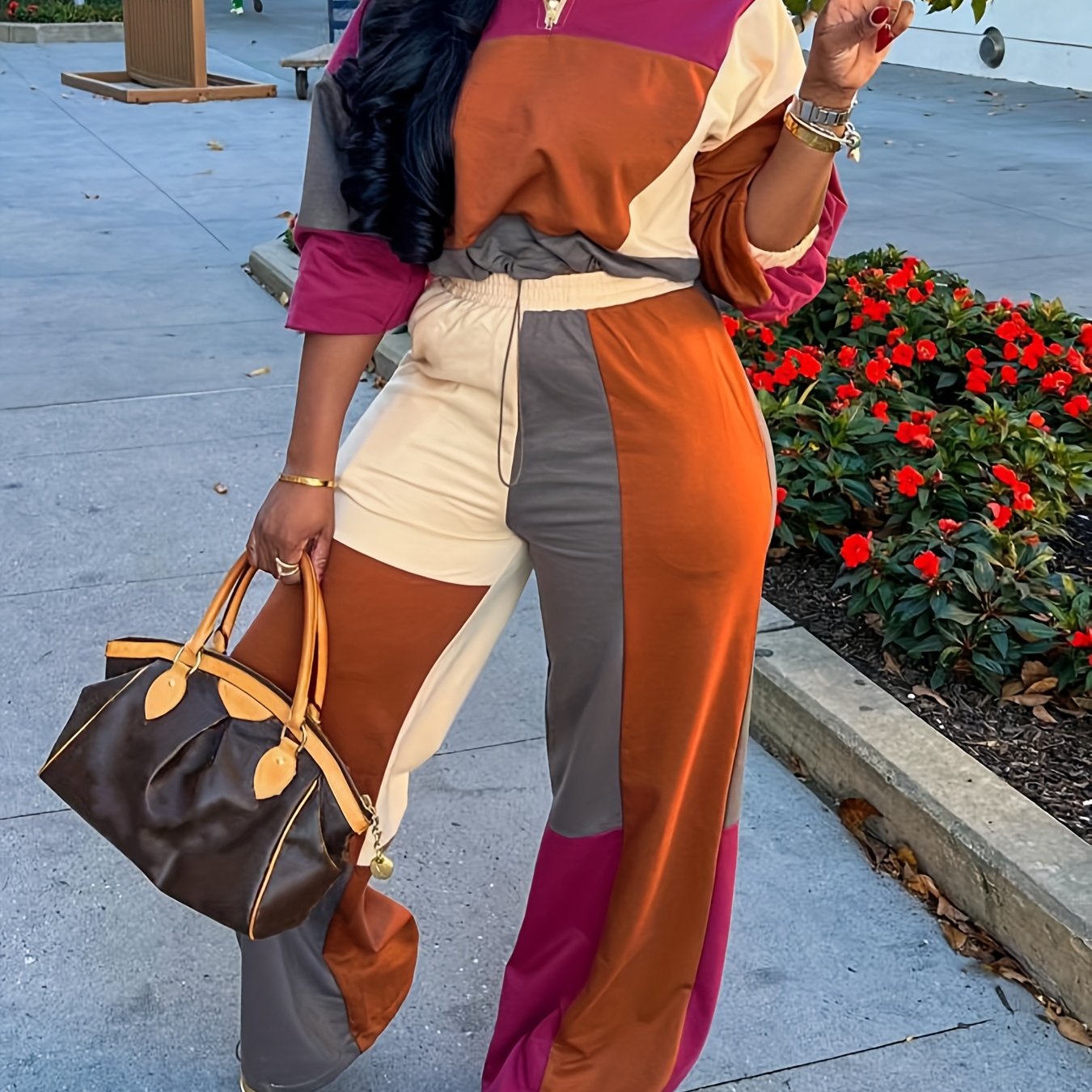 Color Block Cropped Zip Hoodie & High Waist Pants Set