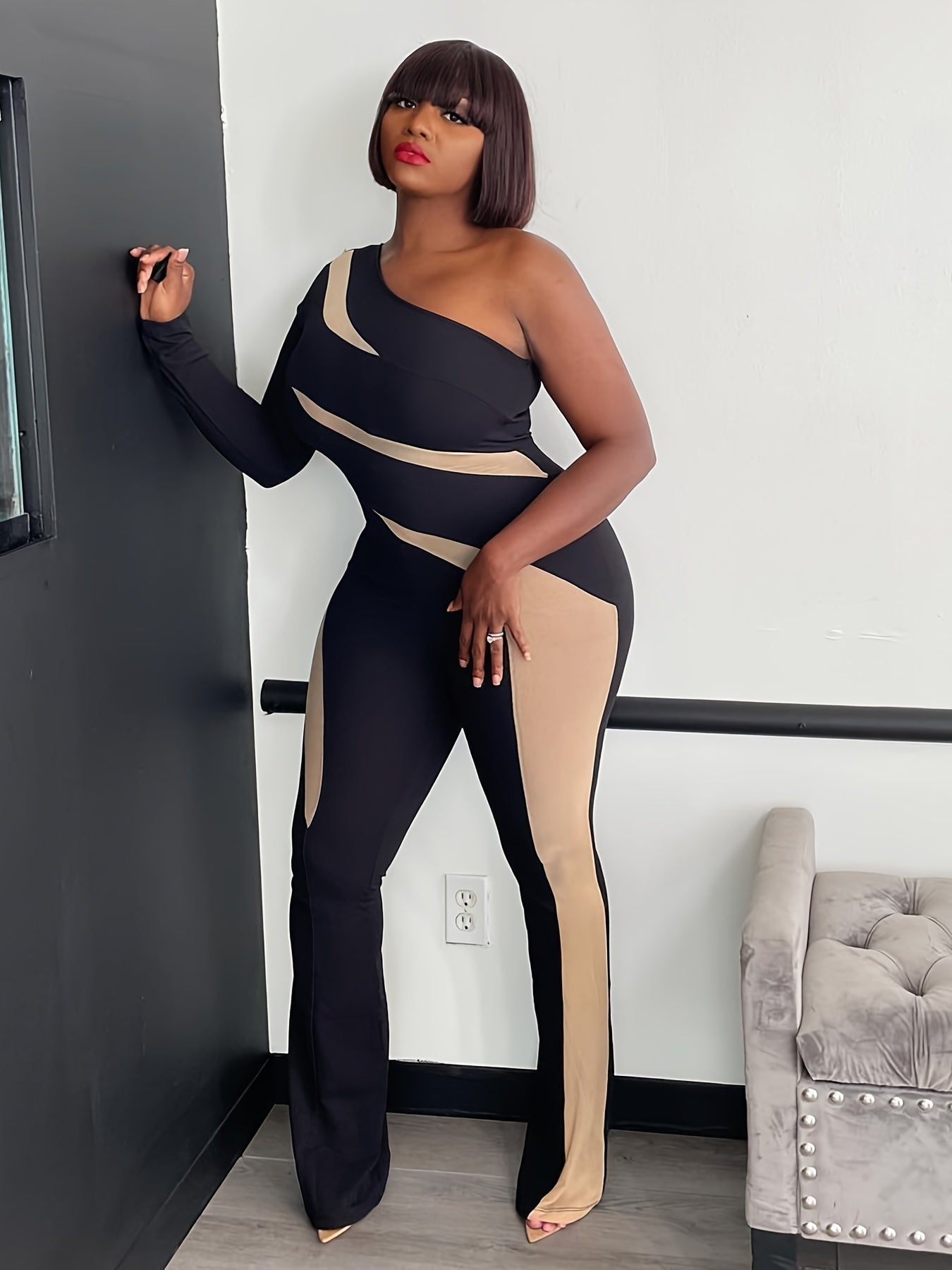 Black Black & Beige Off-Shoulder Mesh Panel Jumpsuit – Elegant Wide-Leg One-Piece Outfit