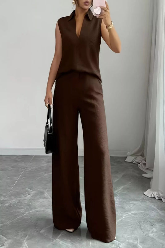 V-neck sleeveless top with wide-leg pants set by Trendsi, featuring a stylish, comfortable fit and modern design.