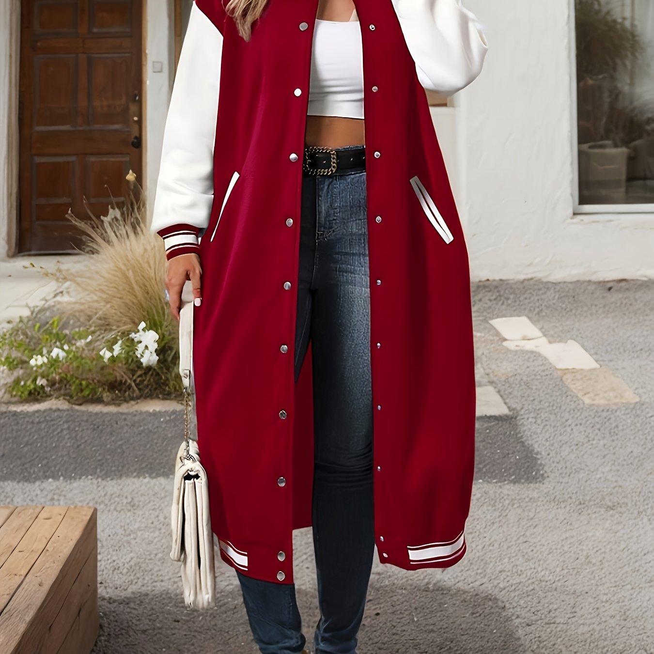 College Style Color Block Jacket – Gold Button Varsity Blazer for Women