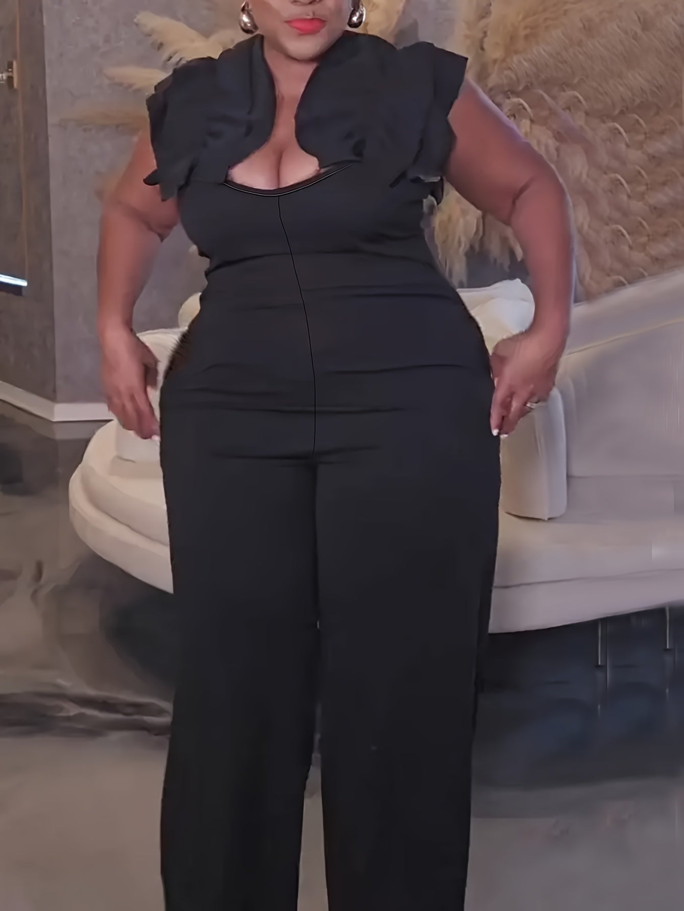 Black Ruffle Collar Wide-Leg Jumpsuit – Elegant High-Waist One-Piece Outfit