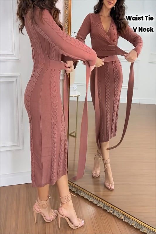 Cable-Knit V-Neck Tie-Waist Sweater Dress