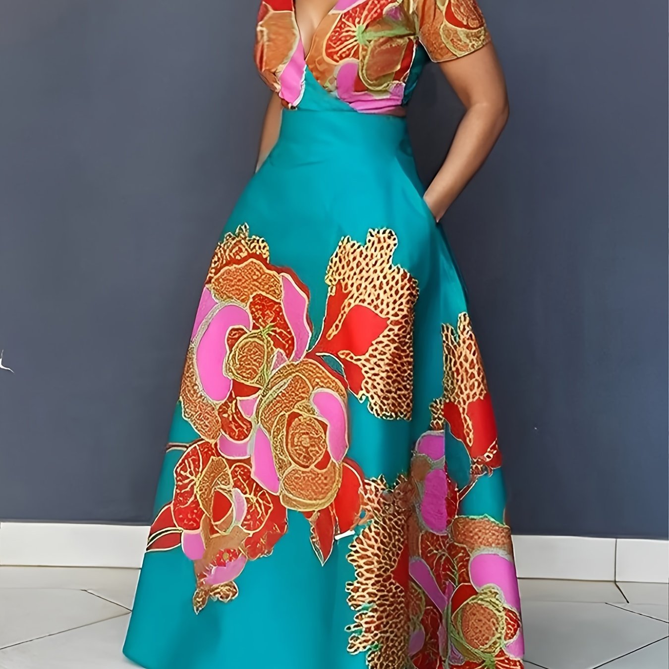 Bright Floral V-Neck Dress – Colorful Summer Midi Dress with Cap Sleeves