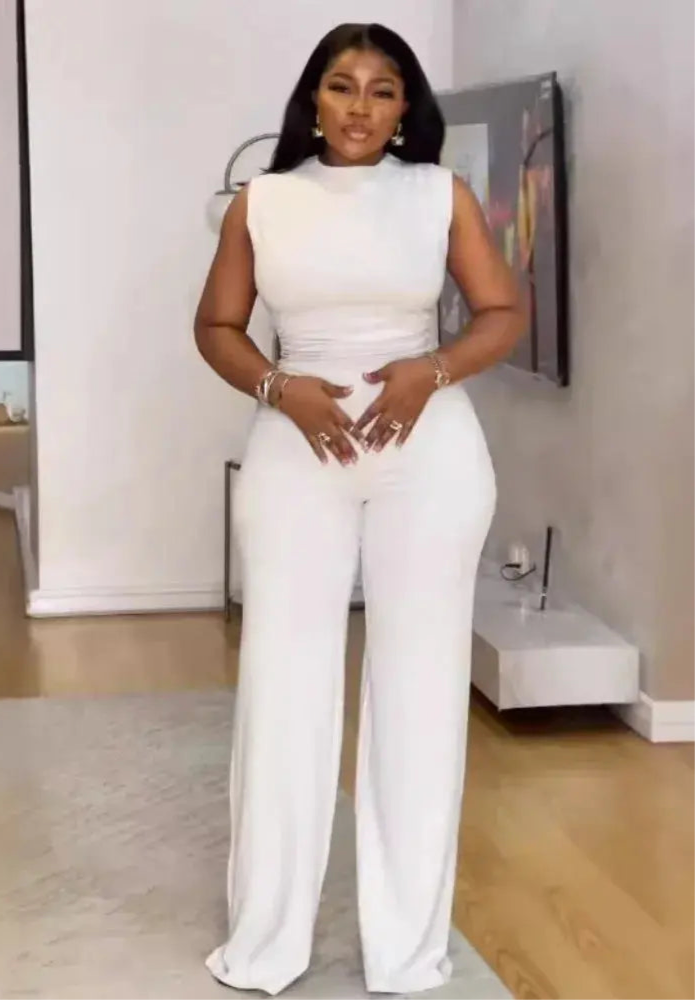 White Sleeveless Wide Leg  Pants Set