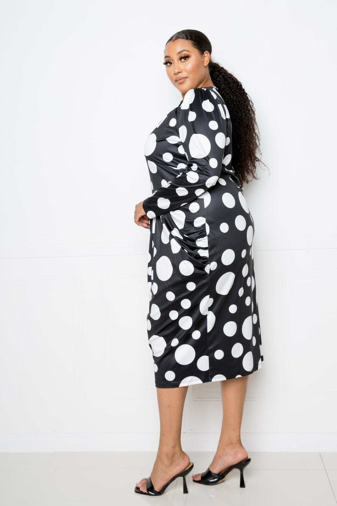 Polka dot drop waist ruched midi dress by Toshe Women's Fashions, featuring a flowy silhouette and stylish design.