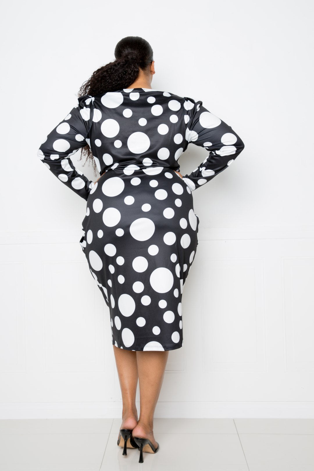 Polka dot drop waist ruched midi dress by Toshe Women's Fashions, featuring a flowy silhouette and stylish design.