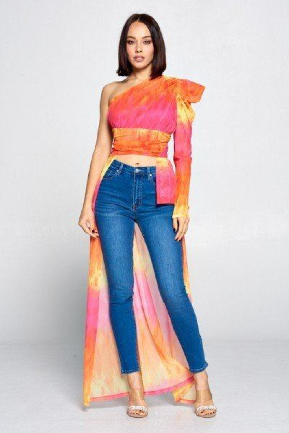 Colorful tie dye one shoulder top by Toshe Women's Fashions, featuring a relaxed fit and vibrant pattern.