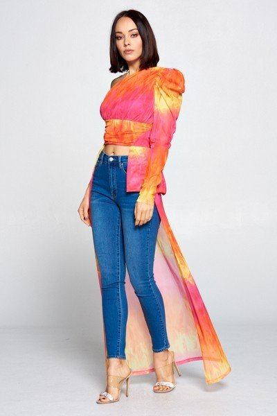 Tie dye one-shoulder top from Toshe Women's Fashions, featuring vibrant colors and a stylish, casual design.