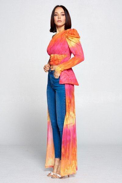 Colorful tie dye one shoulder top by Toshe Women's Fashions, featuring vibrant patterns and a stylish asymmetrical design.