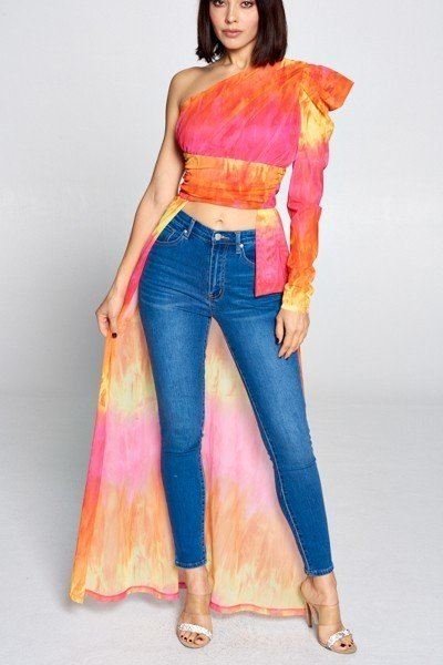 Tie dye one shoulder top by Toshe Women's Fashions, featuring vibrant colors and a stylish, asymmetrical design.
