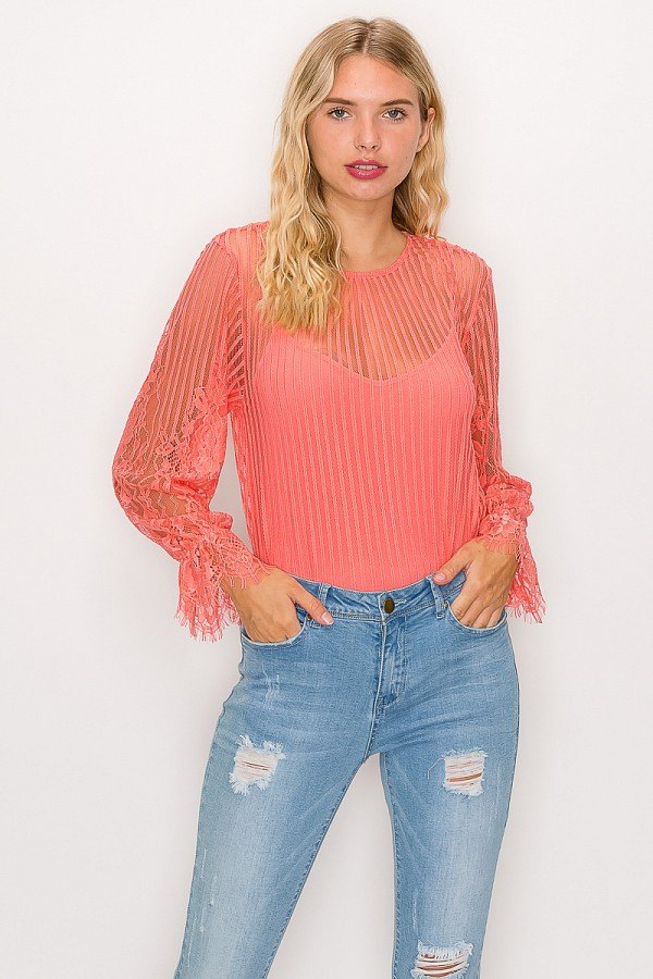 Toshe Women's Fashions lace trim shadow stripe bodysuit featuring delicate lace details and form-fitting design.