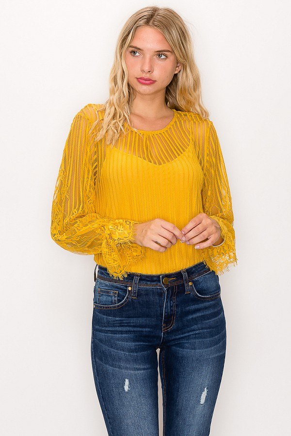 Lace trim shadow stripe bodysuit by Toshe Women's Fashions featuring a fitted silhouette and intricate lace details.