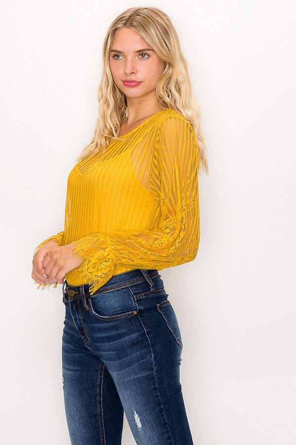 Lace trim shadow stripe bodysuit by Toshe Women's Fashions featuring sheer fabric and fitted silhouette, shown on a mannequin.