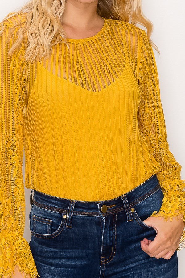 Lace trim shadow stripe bodysuit by Toshe Women's Fashions featuring a fitted silhouette and intricate lace detailing.