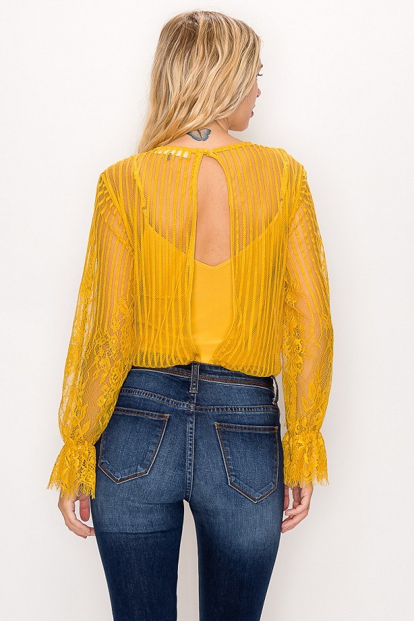 Lace trim shadow stripe bodysuit by Toshe Women's Fashions featuring delicate lace details and a fitted silhouette.