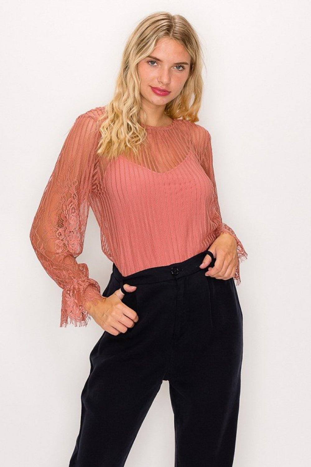 Toshe Women's Fashions lace trim shadow stripe bodysuit featuring a fitted design and delicate lace accents.