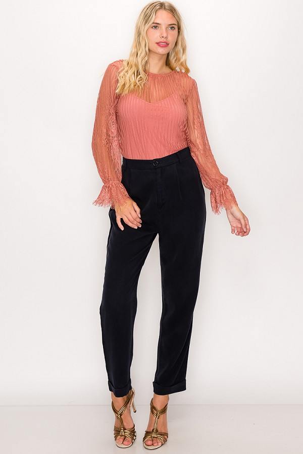 Lace trim shadow stripe bodysuit by Toshe Women's Fashions featuring a fitted design and contrasting stripe pattern.