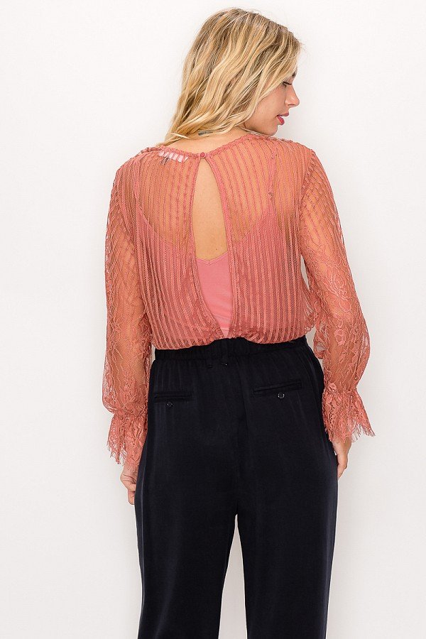 Lace trim shadow stripe bodysuit by Toshe Women's Fashions featuring long sleeves and fitted silhouette, shown on a mannequin.