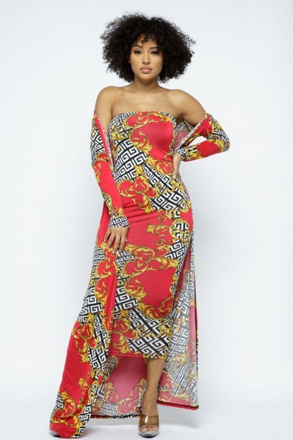Venechia print tube dress with matching cardigan set by Toshe Women's Fashions, featuring a vibrant floral pattern and stylish design.