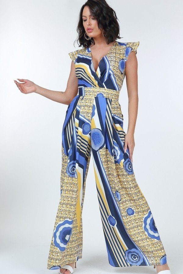 Toshe Women's Fashions ruffle sleeve surplice jumpsuit with flowy fabric and V-neck, shown on a model.