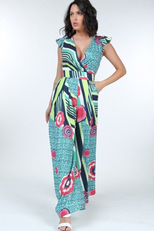 Toshe Women's Fashions ruffle sleeve surplice jumpsuit with flowing fabric and V-neck, displayed on a hanger.