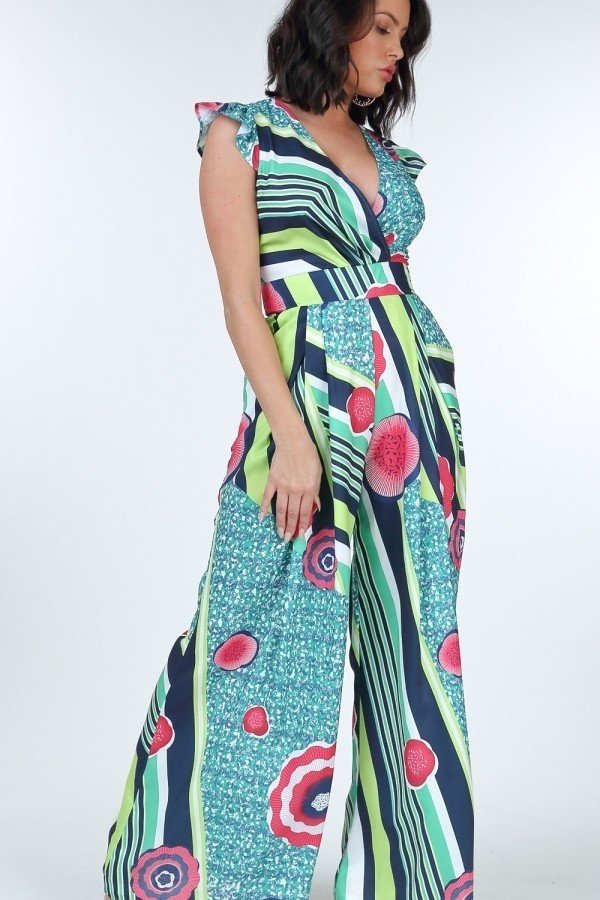 Toshe Women's Fashions ruffle sleeve surplice jumpsuit with flowing fabric and V-neck detail, shown on a model.