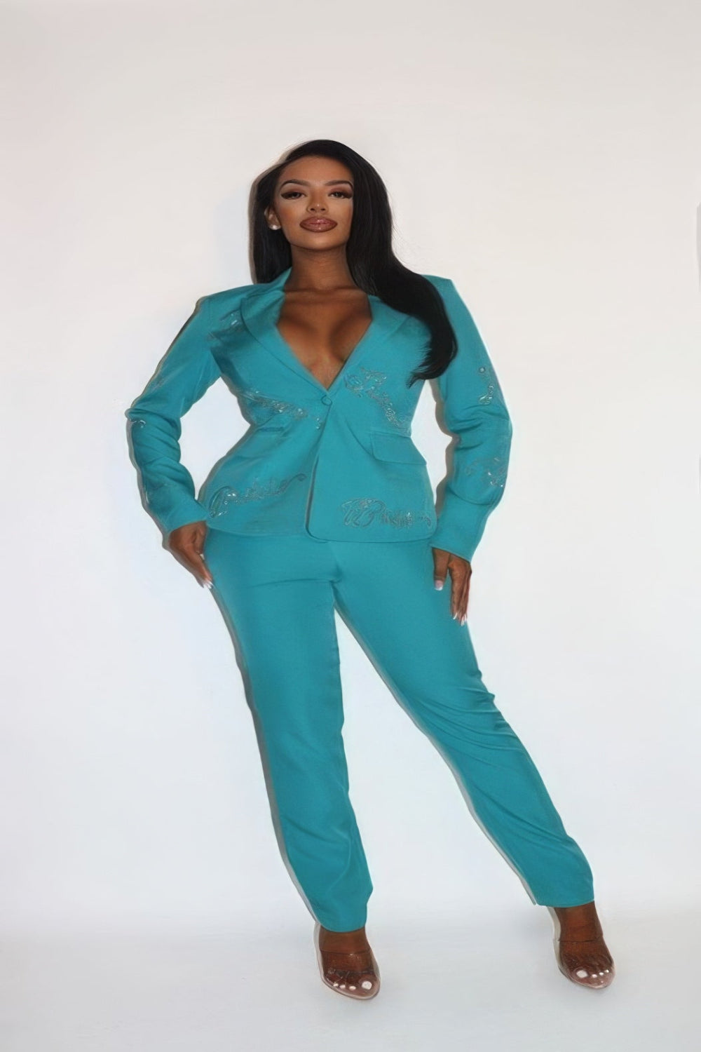 Rhinestone powersuit blazer and pants from Toshe Women's Fashions, sparkling rhinestone details, tailored fit, stylish formal attire