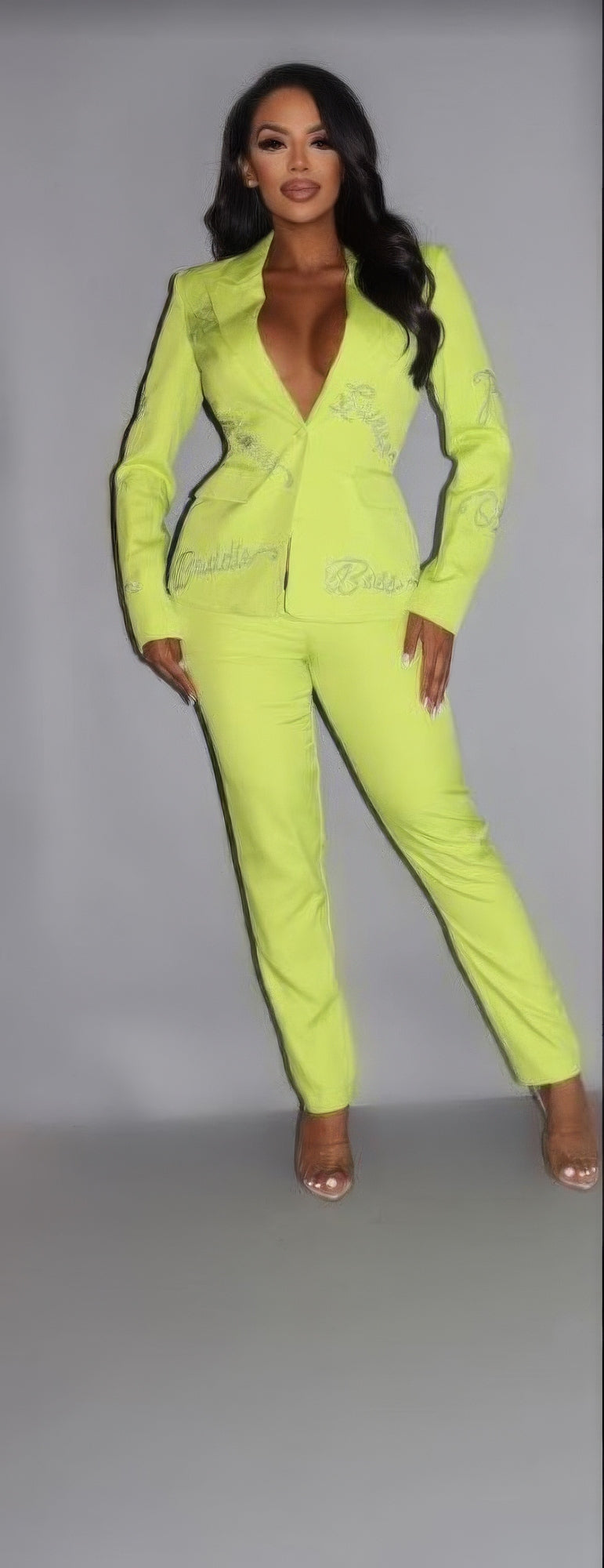 Toshe Women's Fashions rhinestone powersuit blazer and matching pants, stylish and sparkling for elegant occasions.