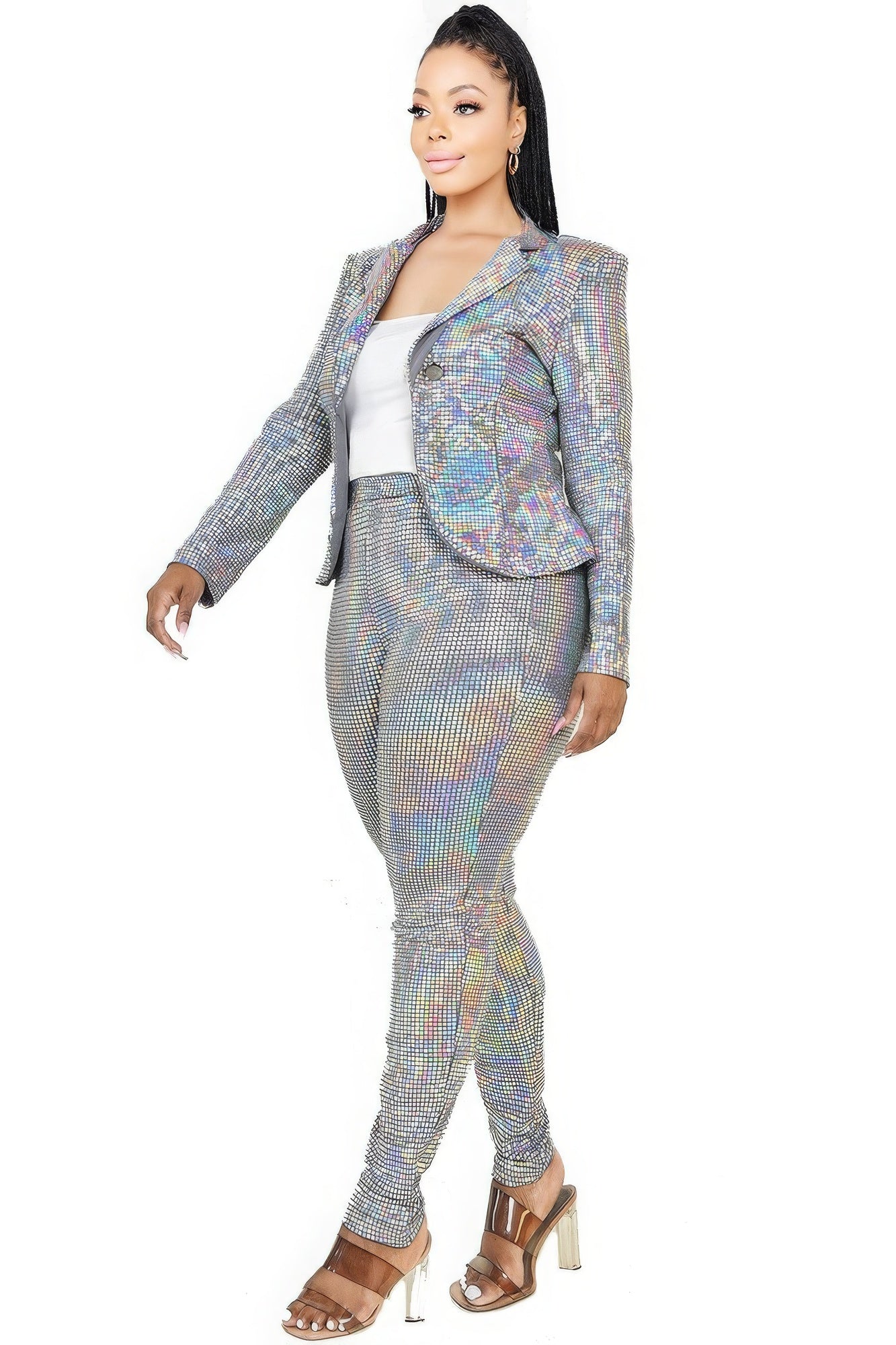 Shimmering metallic sequins jacket and pants set for women, featuring a disco-inspired design by Toshe Women's Fashions.