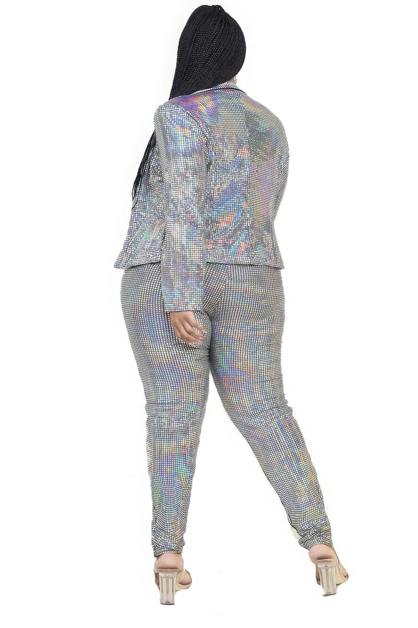 Shiny disco metallic sequins jacket and pants set for women by Toshe Women's Fashions, featuring a sparkling, fitted design.