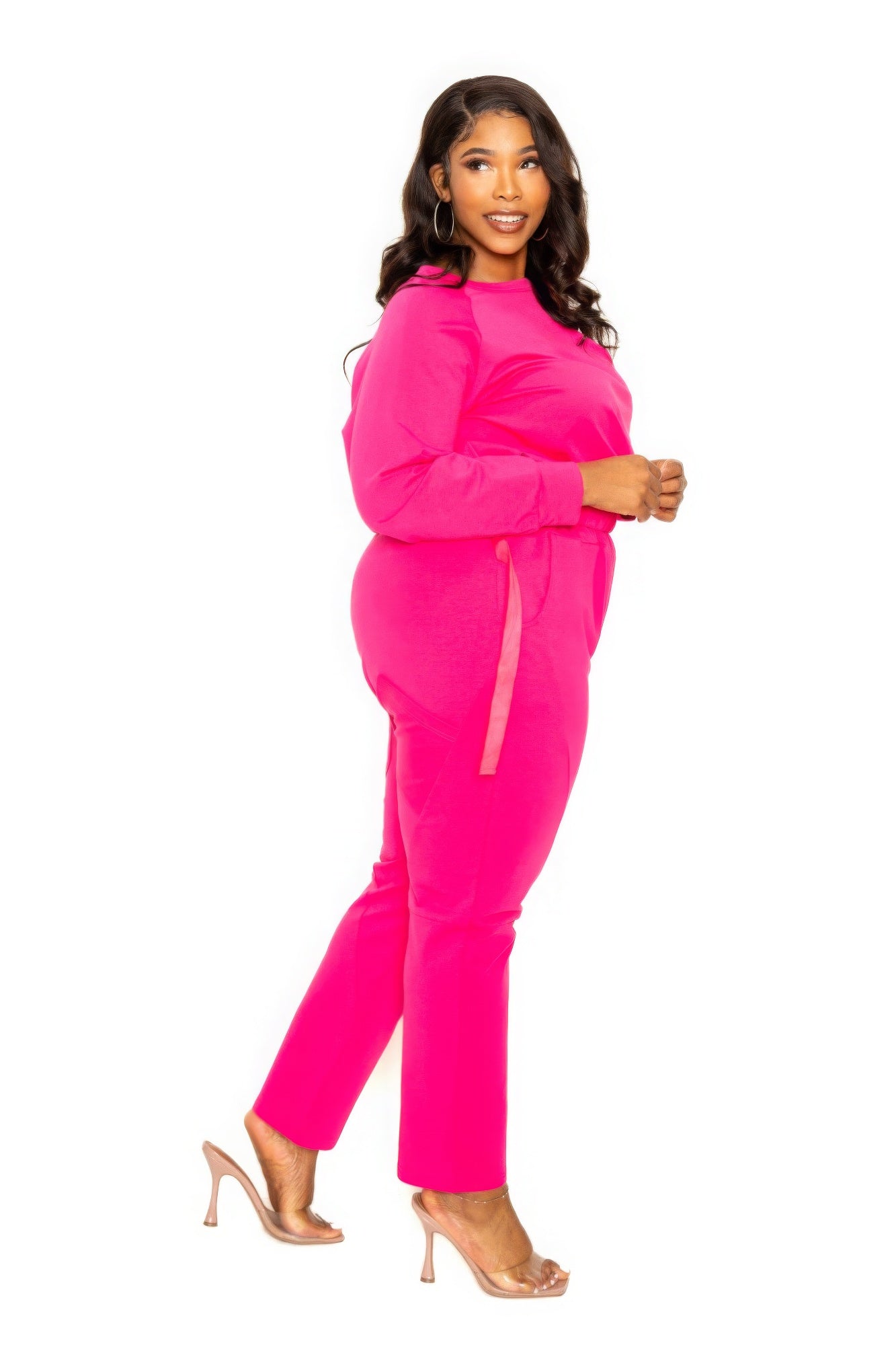 Relaxed side tie top and matching lounge pants from Toshe Women's Fashions, soft fabric, casual fit, in a neutral color.