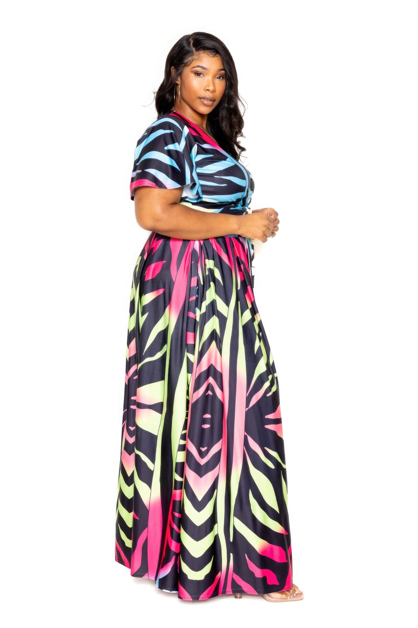 Ombre animal print maxi skirt and matching top set by Toshe Women's Fashions, flowing fabric with vibrant animal pattern.